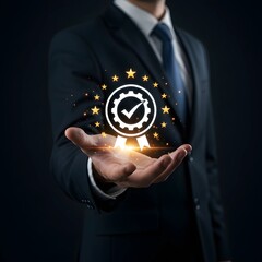 business people showing ideas warranty, international standard, ISO quality certification and quality guarantee mark,Excellent accreditation in the industry,Certified product symbol