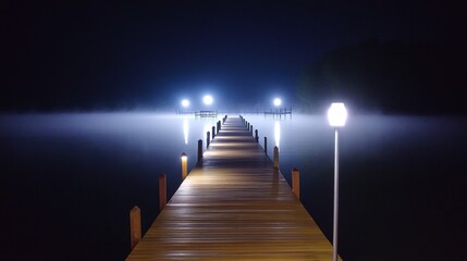 Foggy Night Dock on Still Water - Serene night scene, foggy dock extending into dark water, illuminated by lights, symbolizing mystery, tranquility, solitude, hope, and journey