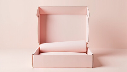 Empty subscription box mockup in soft pink color with rolled paper inside for packaging design