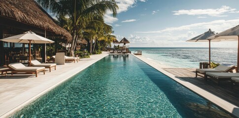Fototapeta premium A luxurious beach resort featuring a swimming pool, beach chairs, and loungers under umbrellas, surrounded by palm trees and set against a blue sky, epitomizes the outdoor tourism landscape and