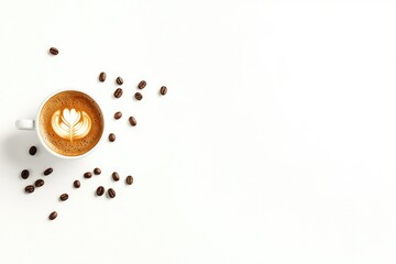 Top-down view of cup of coffee with latte art, surrounded by scattered coffee beans on clean white background. For coffee-related branding, cafes, barista promotions, and morning inspiration concepts