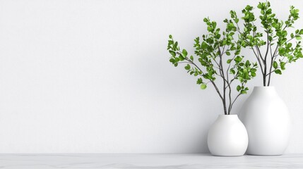 Minimalist plants in vases, empty white wall, modern interior. Possible use Home decor, interior design