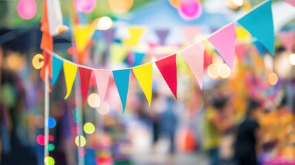 colorful pennant flags fluttering at a vibrant outdoor festival with bokeh lights and cheerful copyspace concept of event marketing, brand promotion