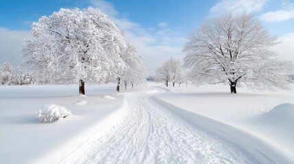 Obraz premium Snowy path through winter landscape, serene scene
