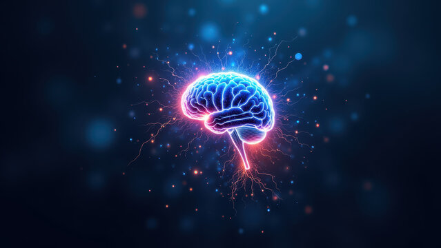 AI concept with exploding fireworks over a human brain.