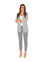 Business woman character. Vector realistic illustration of pretty standing cartoon girl with long dark hair wearing formal office suit, glasses and high heels. Isolated