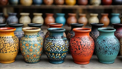 Colorful handcrafted pottery displayed on wooden shelves in a market setting