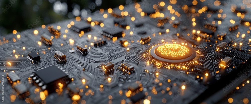 Poster a futuristic server featuring a printed circuit board and code processing is set against an orange, 