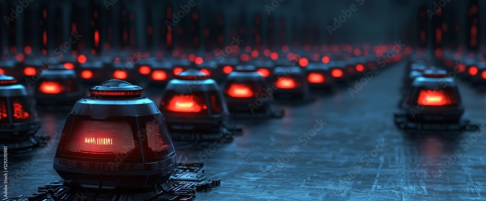 Poster a futuristic server processes code on a circuit board, set against a red, green, and blue technologi