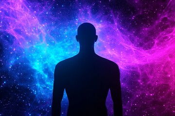 Human Silhouette in Cosmic Nebula - A human figure stands before a vibrant abstract nebula, symbolizing connection, consciousness, the universe, mystery, and potential