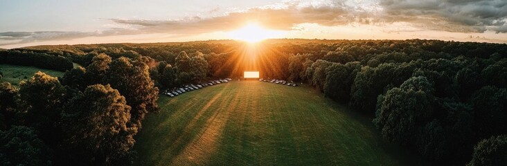 Obraz premium Aerial view of Northfield Drive-In at sunset, with vehicles parked in a field for an outdoor movie experience