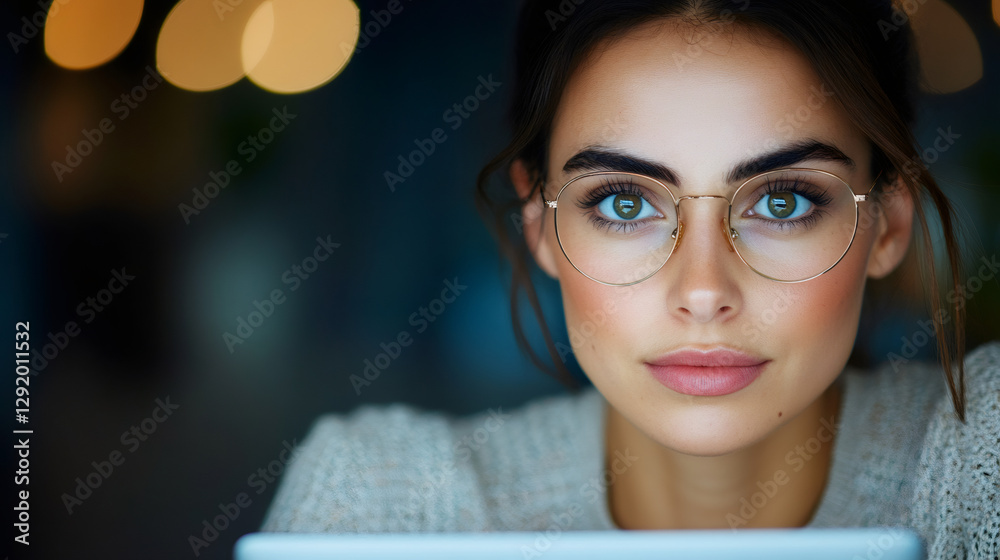Poster portrait of a focused businesswoman wearing eyeglasses, working late in the office while using a dig