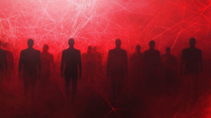 Silhouetted figures walking through a digital network.