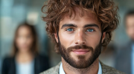 Naklejka premium Portrait of a young, confident businessman with curly hair and beard, posing in a modern office setting with colleagues blurred in the background