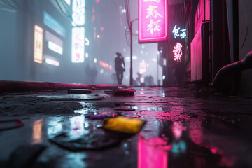 Cyberpunk Cityscape at Night with Neon Lights and Wet Streets