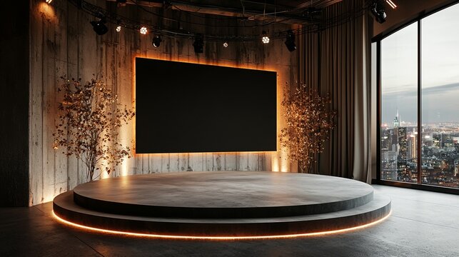 A 3D rendered virtual stage set with a massive videowall is visible from an angle, filling the entire frame, perfect for TV shows, keynotes, or product presentations