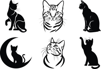 Fototapeta premium Set of cat silhouette clipart bundle design, different various poses isolated on white background 