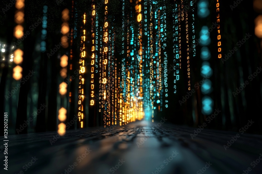 Poster Laptop computer screen displays binary code data bits amidst a matrix of flowing data, symbolizing the rise of the big data AI era with stock data transfers, embodying a digital concept under high