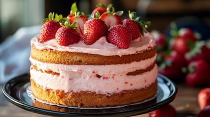Strawberry Cake Delight: a delectable strawberry cake on a plate, adorned with fresh strawberries and pink frosting, a celebration of flavor and visual appeal.