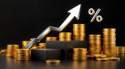 Stacks of gold coins with upward arrow and percent sign. Finance, investment, and growth.