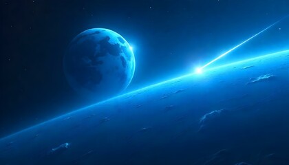 Fototapeta premium Un planeta azul con una atmósfera brillante en un espacio oscuro con estrellas, una vista cósmica y celestial