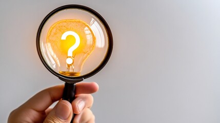Hand holding magnifying glass, examining question mark lightbulb, on grey background; idea concept