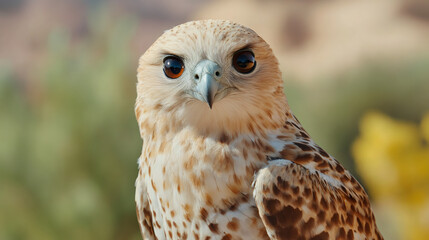 Obraz premium Close-up of a falcon showing its beautiful plumage and intense gaze in a natural desert environment