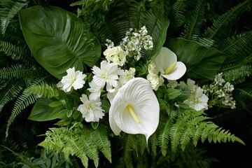 The wall is filled with a variety of green leaf topical plants, some of which have flowers, for use as a background