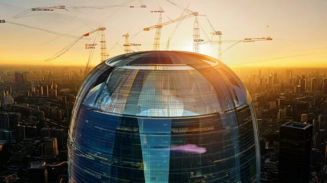 A futuristic building under construction with cranes, digital overlays, and data, set against a vibrant sunset city skyline.
