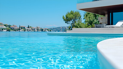 Luxury poolside villa, sea view, sunny day, summer holiday