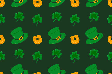 Seamless pattern with green leprechaun hat and clover. St. Patrick's Day background. Vector illustration.