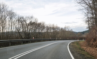 Obraz premium A winding road surrounded by bare trees leads into the horizon, showcasing a tranquil landscape in the early morning light.
