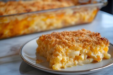 Golden Baked Mac and Cheese on a Plate with Crispy Topping, Dish in Background