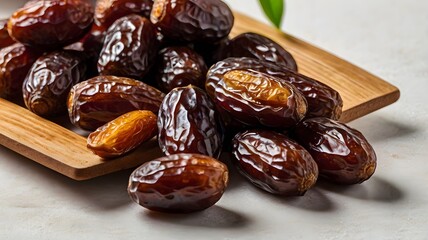 Fototapeta premium Juicy Dates on Wooden Tray Closeup Sweet Fruit