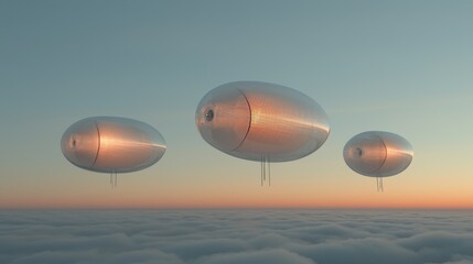 Naklejka premium Futuristic Airships Floating Above Clouds at Sunrise in Soft Colors