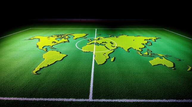 Creative world map design displayed on a vibrant football pitch designed for a global sports event