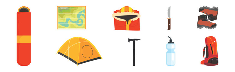 Outing and Trekking Equipment and Gear Vector Set