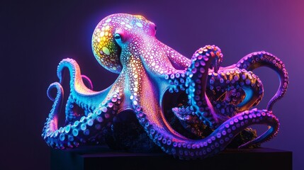 Obraz premium Vibrant Rainbow Octopus 4K - A colorful octopus, symbolizing intelligence, adaptability, mystery, camouflage, and the ocean's depths. Beautiful 4k