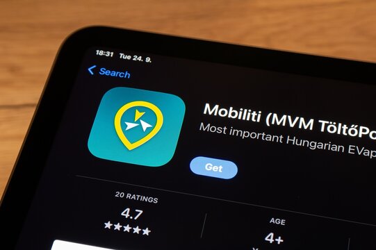 Apple app store with hungarian Mobiliti MVM Toltopont mobile application to be installed and charge electric cars