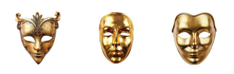 Three unique gold masks displayed in a row show different styles and expressions