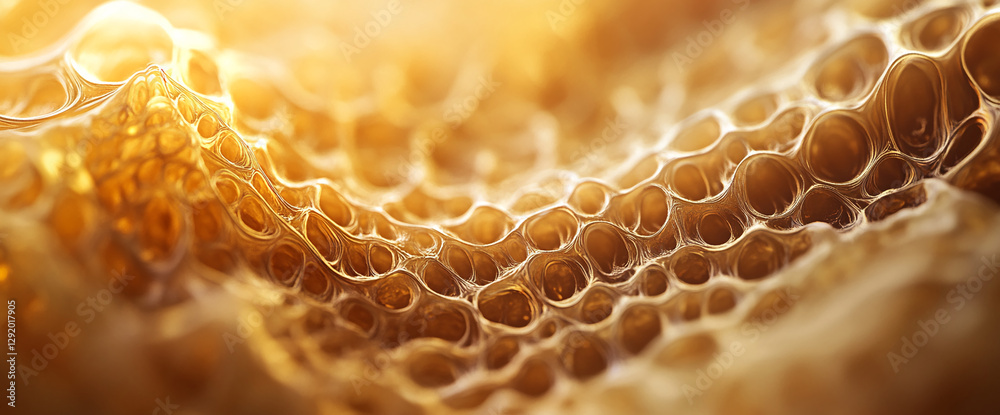 Poster close-up of honeycomb structure with soft golden lighting, symbolizing natural texture, beekeeping, 