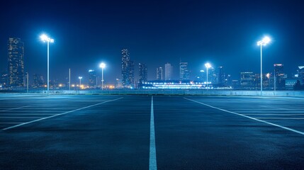 Empty parking lot at night with city skyline in the background. The background is blurry due to bright stadium lights.
