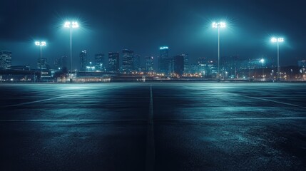 Empty parking lot at night with city skyline in the background. The background is blurry due to bright stadium lights.