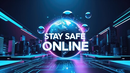 A futuristic digital cityscape emphasizes the significance of cyber security with visuals of a globe and glowing text urging people to stay safe online in a vibrant, high-tech environment
