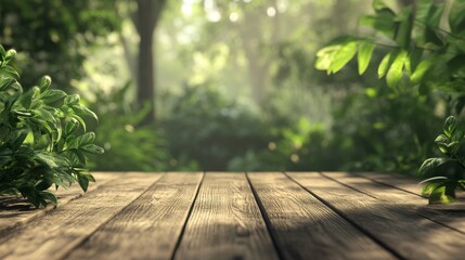 Relax in a lush, green forest with a wooden deck. The background is blurry, creating a serene atmosphere for nature exploration and relaxation.