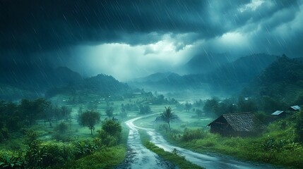 Fototapeta premium Rain Shower Over Lush Mountainous Countryside 