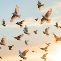 Flocking doves in flight against soft sunset sky.  Possible use nature, peace, hope