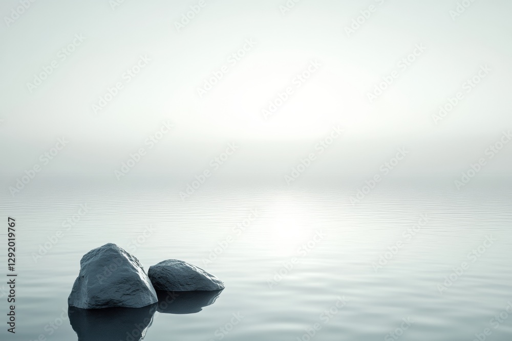 Poster serene morning with two rocks by calm water under a misty sky in a tranquil landscape. generative ai