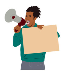 Fototapeta premium Young black man activist with megaphone and blank placard. African american guy taking part in protest for human rights, shouting through loudspeaker. Vector realistic illustration isolated