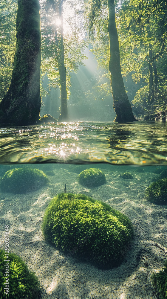 Poster a serene forest scene showing moss-covered rocks submerged in a crystal-clear stream, captured from 